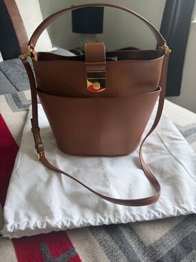 Veronica Beard Brown Leather Bucket Shoulder Bag with Gold Hardware